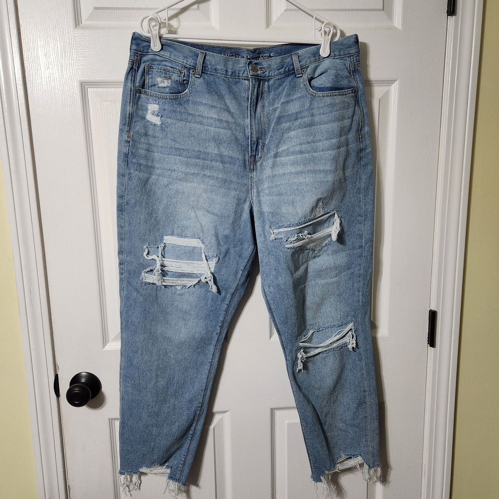 American Eagle Women's High Rise Distressed Blue Mom Jeans